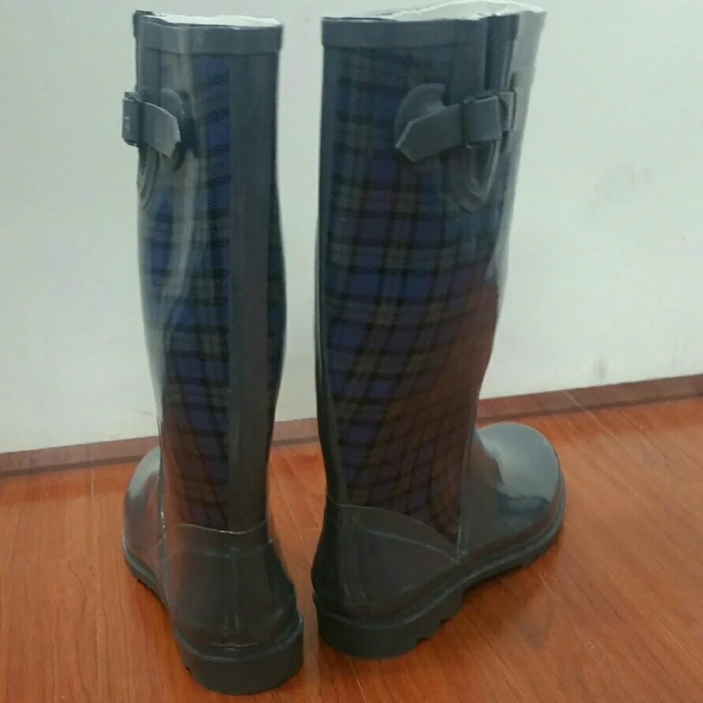 Women Tall Waterproof Rainboots RB-1407, Blue Plaid, Size 5